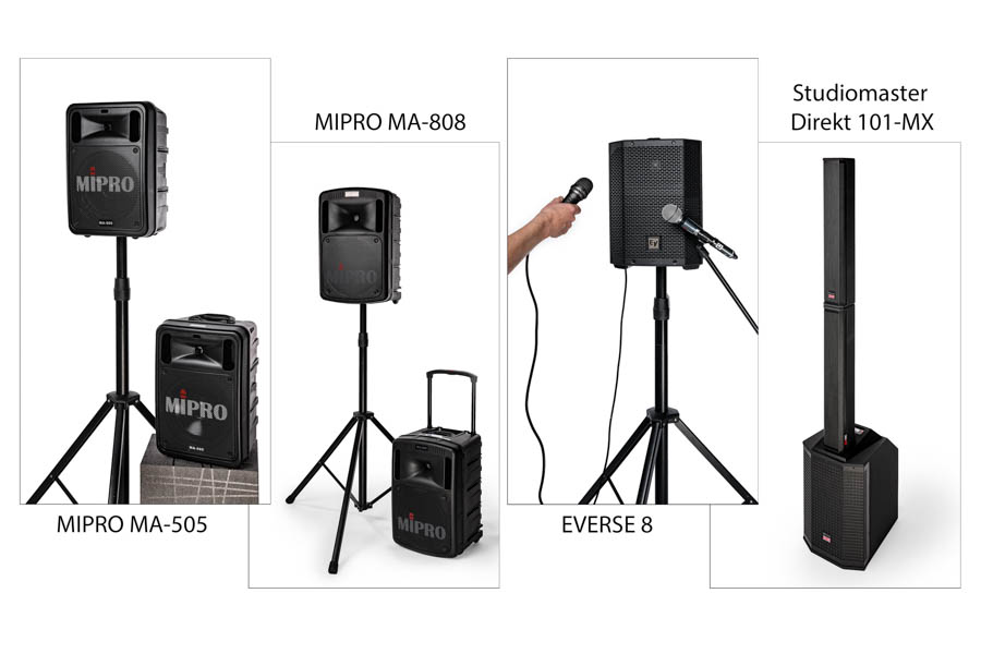 Bildersammlung mit Audioanlagen des KMZ Ludwigsburg. Mipro MA-505, Mipro MA-808, Everse 8, Studiomaster Direkt 101-MX