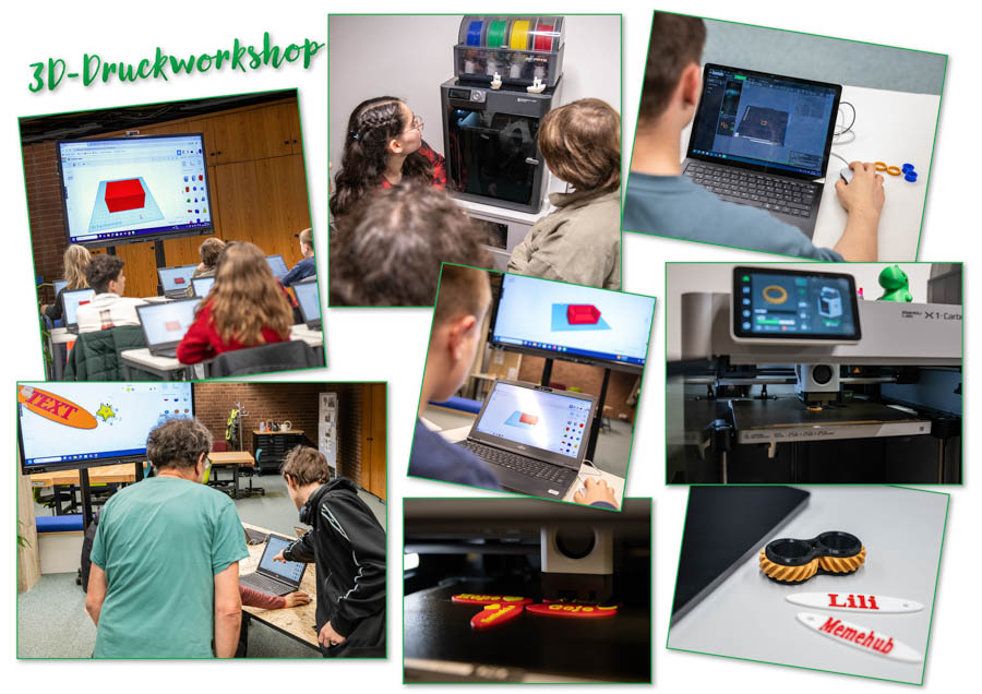 Das Bild zeigt 8 Bilder als vom 3D Druckworkshop im KMZ Ludwigsburg. Abgebildet sind Kinder am PC und am 3D Drucker